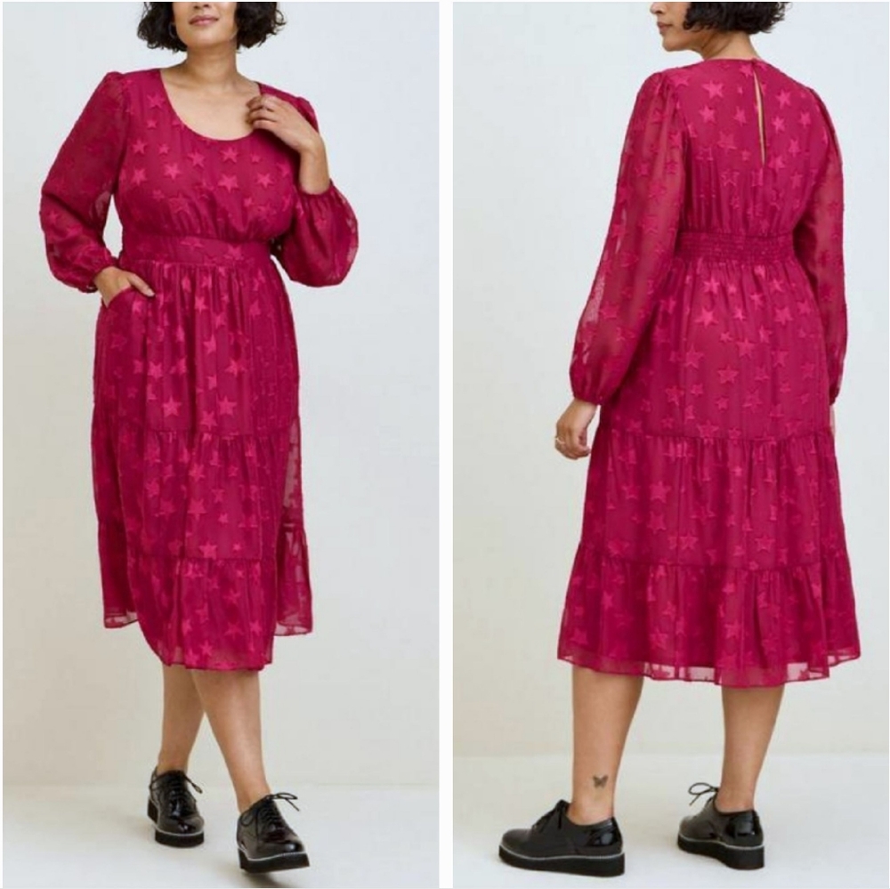 torrid Magenta Long Sleeve Star Midi Dress